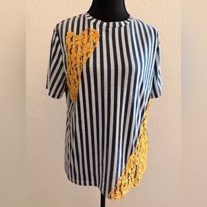 ZARA Trafaluc Navy & White Striped Blouse with Yellow Lace | Autumn/Winter 17-18